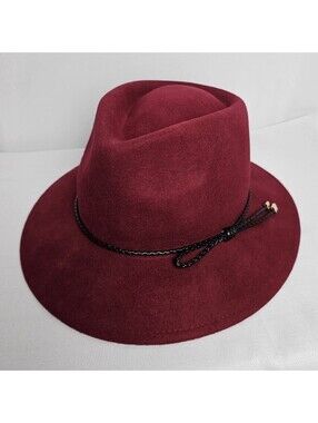 New Summer & Rose Burgundy Wool Fedora Hat Wide Brim Black Braided Band Boho